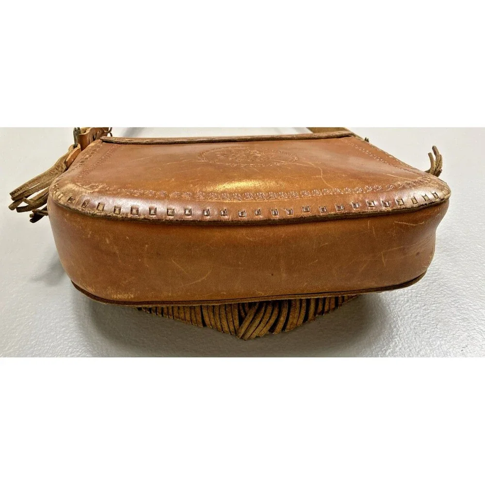 Vintage Leather Hand Tooled & Beaded Handbag Crossbody Tan Fringe Hippie Boho